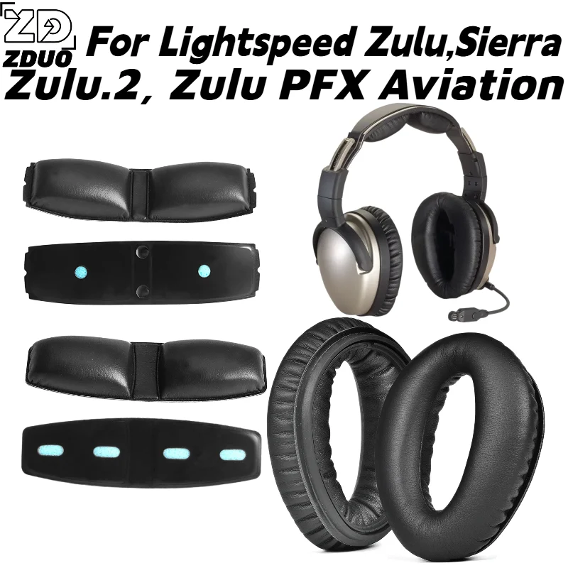 For Lightspeed Zulu, Sierra, Zulu.2, Zulu PFX Aviation Headphones, PU Leather Ear Seals & Headband Cushion, Buckle Style