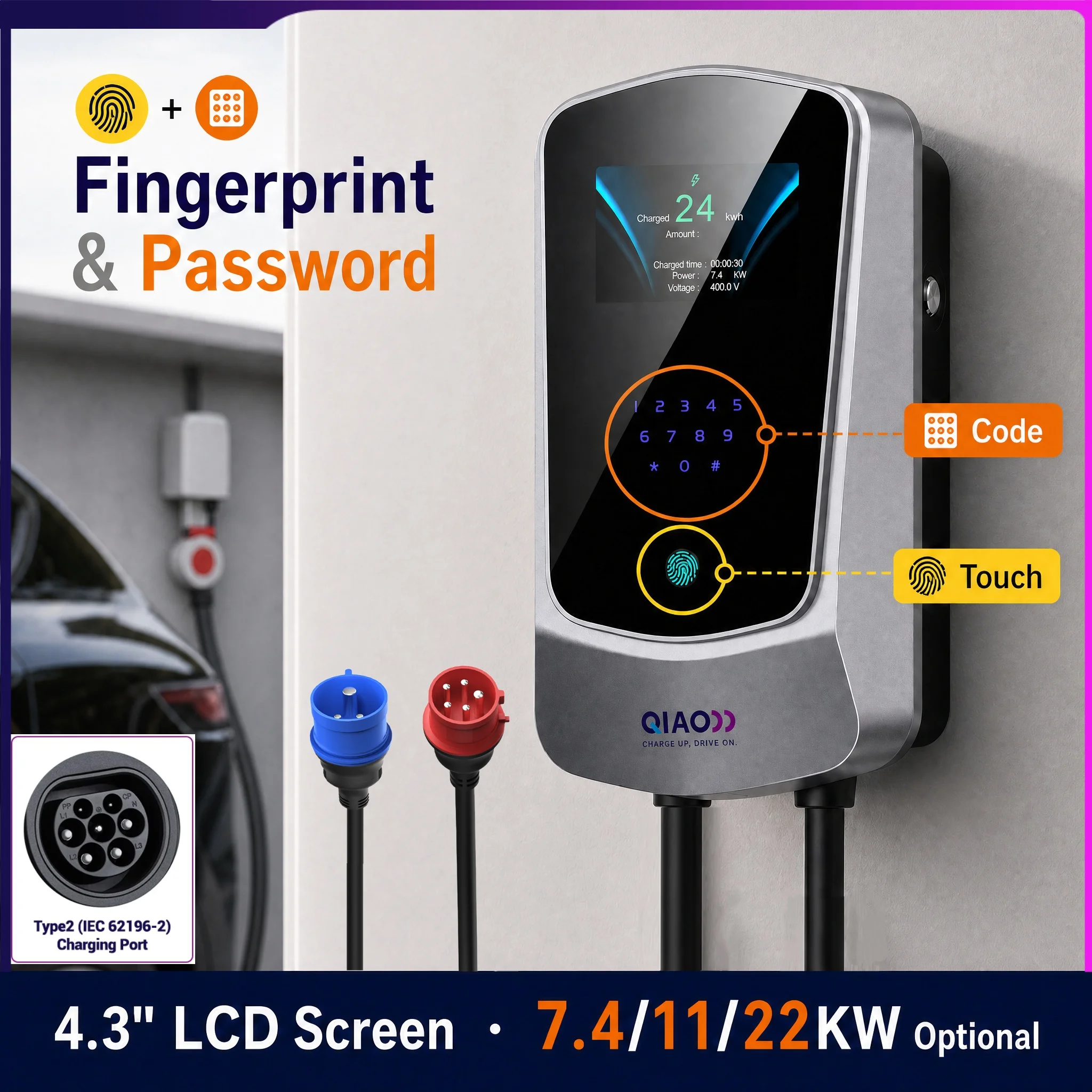 32A Type2 EV Charging Station 7.4KW 3-Phase Electric Vehicle Car Charger 11KW 22KW IEC62196-2 EVSE Wallbox Fingerprint 5m Cable