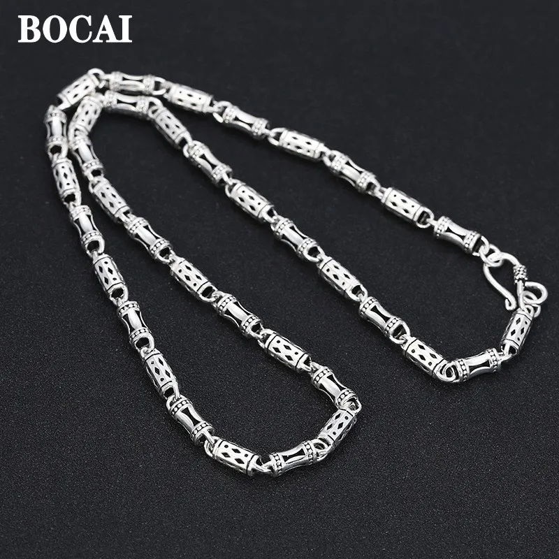 

BOCAI Real S925 Pure Silver Jewelry All-Match Personality 5MM Bamboo Link Chain Fashion Engraved Man Necklace Holiday Gifts