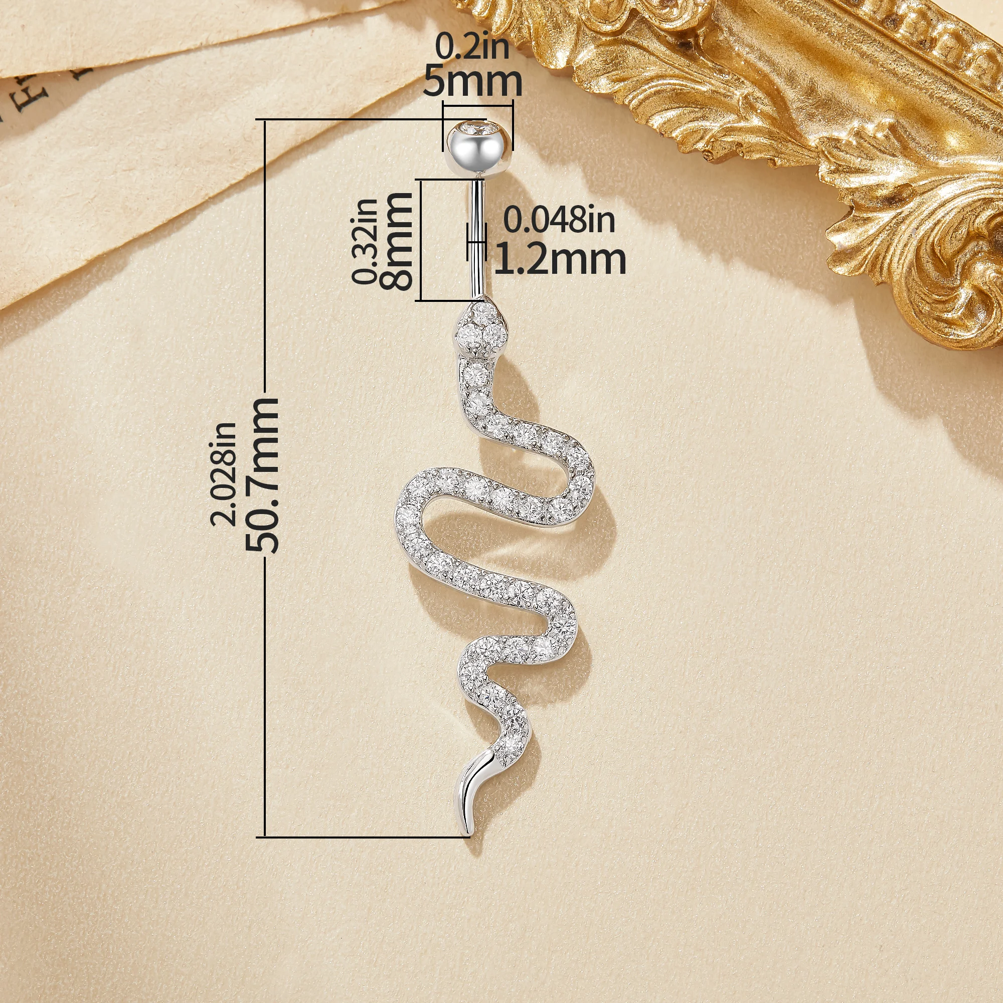 Snake White CZ Stone Solid 925 Sterling Silver Belly Button Ring Belly Piercing Navel Bar Curved Barbell Navel Ring 6710020