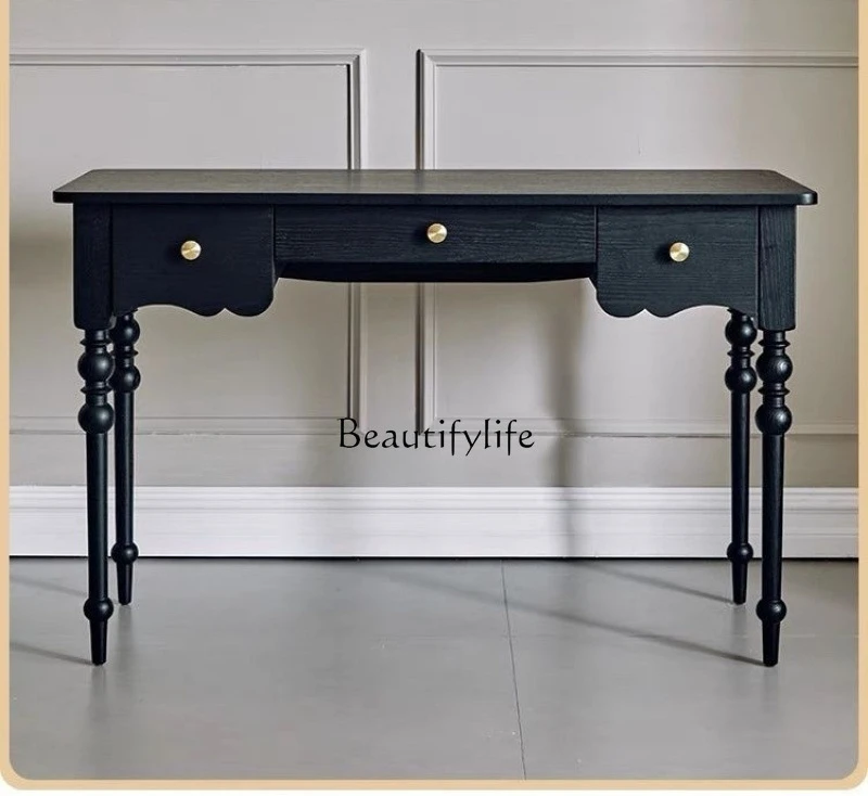 French retro home bedroom solid wood desk American light luxury European black desk