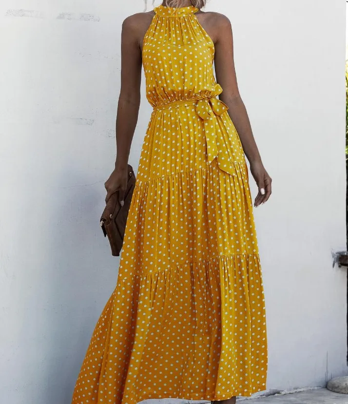 Abito lungo Boho da donna con stampa floreale Abiti da festa retrò Abito maxi vintage estivo senza maniche con lacci e spalle scoperte