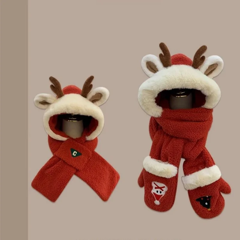 

2024 New Cute Christmas Winter Gift Red Antlers Plush Hat Scarf Gloves Integrated Cold Resistant Ear Protection Hat For Children