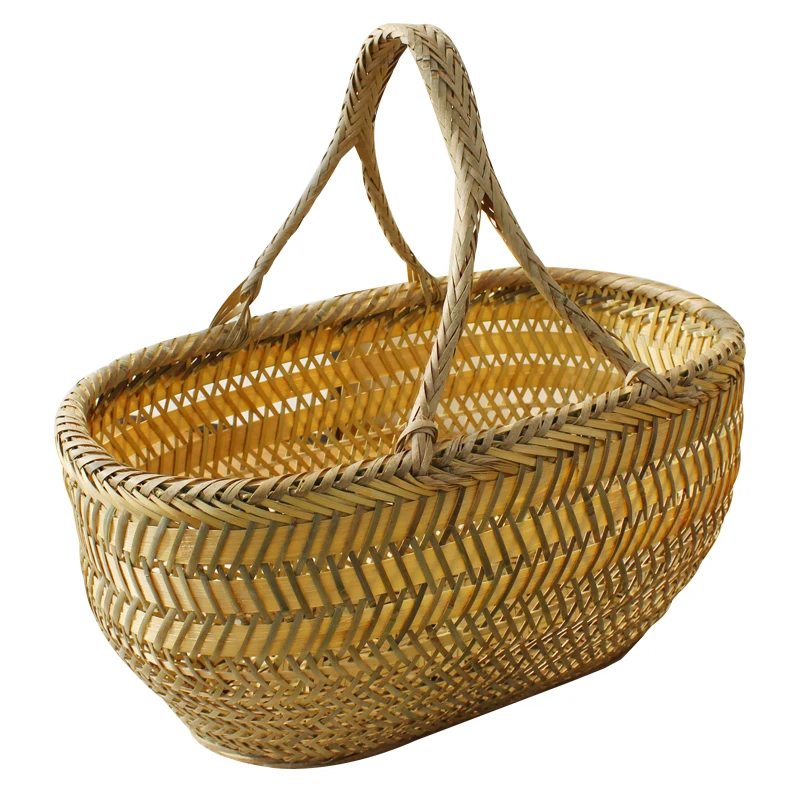 Handmade Bamboo Handheld Storage Basket Decorative Kitchen Organizer Tray for Fruit Vegetable Eggs Groceries
