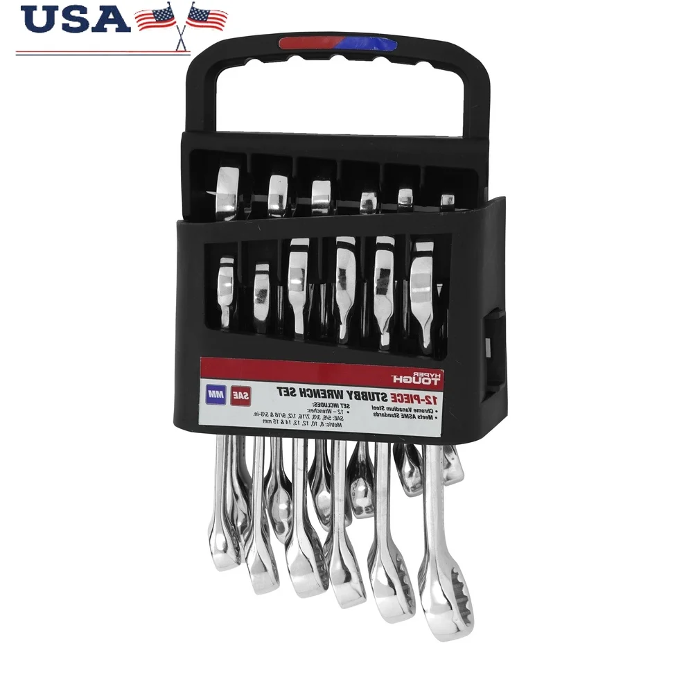

12 Piece Metric Stubby Wrench Set Chrome Vanadium Steel Combination Tools Heat Treated Rustproof Precision Machined ANSI ASME