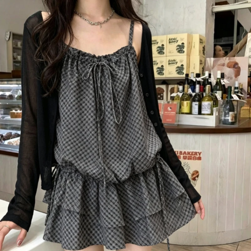 Women Japanese Kawaii Y2K 2 Piece Outfit Harajuku Vintage Long Sleeve Cardigan Slim Cami Top Gyaru Style Daily Street Party Wear