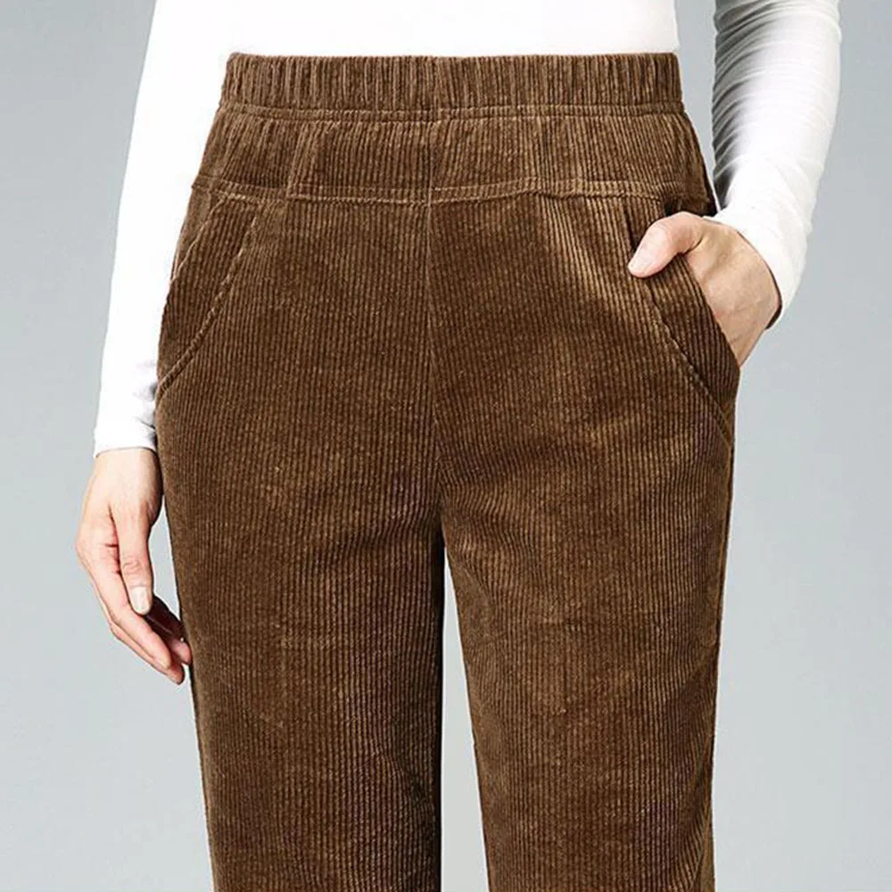 Winter Warm Cashmere Trousers Vintage Slim Waist Add Velvet Lady Pants Casual Thickening Corduroy Straight Pants Women