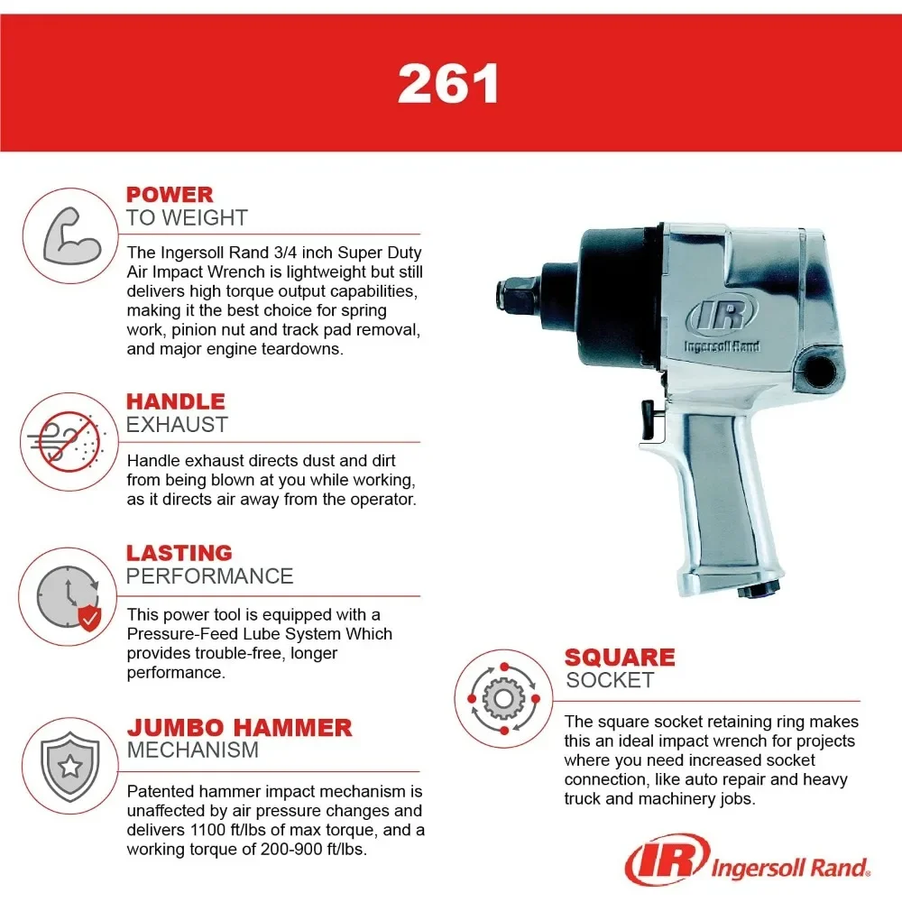 261 3/4-Inch Super Duty Air Impact Wrench - High Torque Output, Handle Exhaust,Pressure-Feed Lube System,Hammer Impact Mechanism