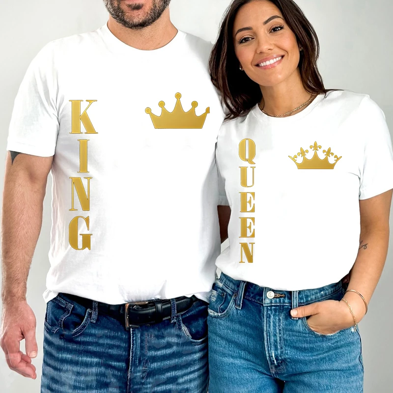 King Queen Crown Graphic T Shirts for Couples Y2k Fashion Letter Print Tees Men Women T Shirt for Lovers New Korean Tee Shirt