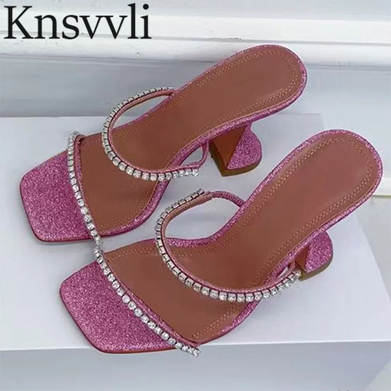 2025 New Cup Heels Slippers Women Satin Square Peep Toe Slides Bing Rhinestone High Heels Runway Shoes Summer Sandals For Woman