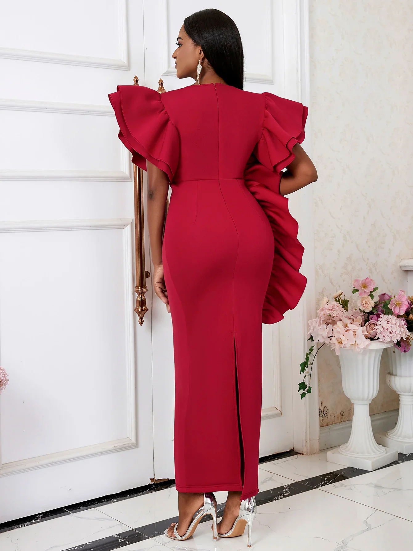 African Women Fromal Red Party Dress Sexy Deep V Neck Short Sleeve Asymmetrical Long Dress Christmas Evenings Special Occasion