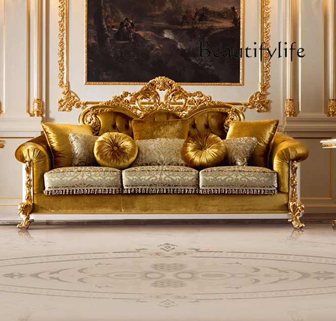 Luxury European fabric sofa solid wood carving flower living room French court villa furniture designer