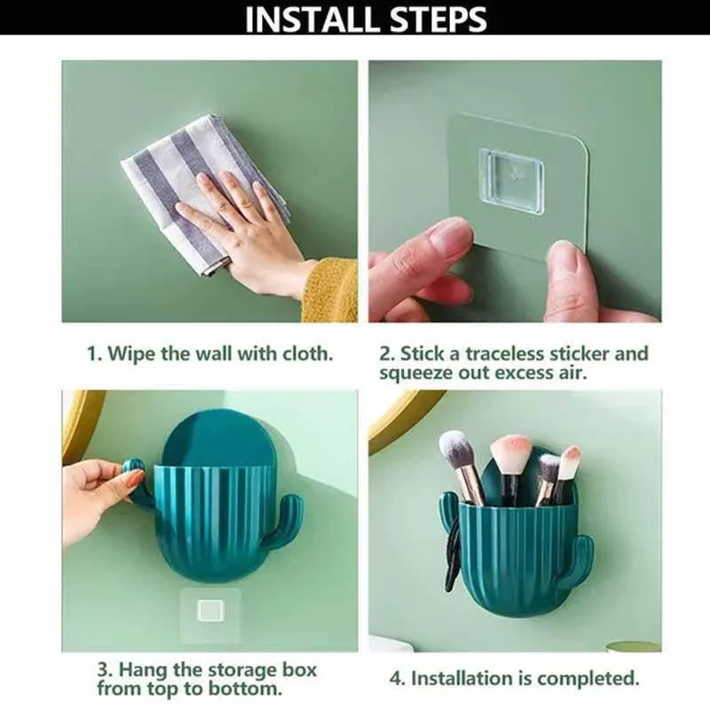Cactus Wall Organizer No Drill Phone Holder Bathroom Remote Control Rack Punch Free Storage Box Space Saving Mounted Shelf Decor