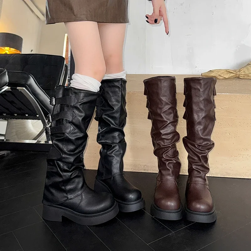 

Vintage Platform Women Knee High Boots Fashion Ladies Belt Buckle Long Booties botas de inverno feminina