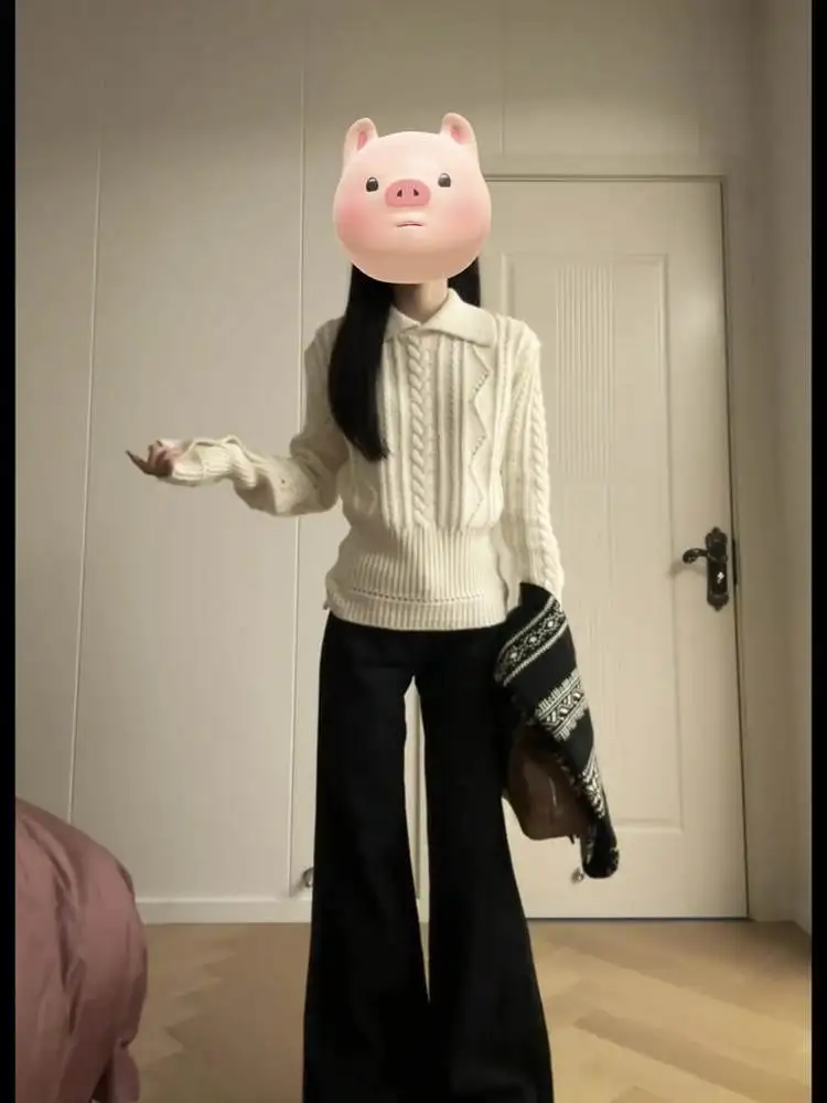 

Women's Camere Sweater Autumn Winter Soft Cozy Fufu Inner Knitted Top Flip Collar Chunky Needle Twist Yarn Casual Loose Fit