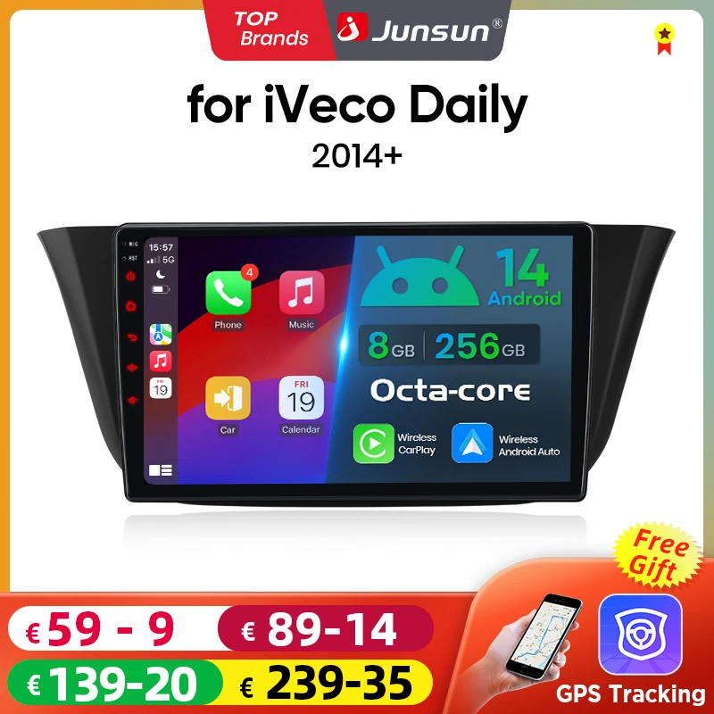 Junsun AI Wireless CarPlay لـ Apple Android14 راديو السيارة التلقائي لـ Iveco Daily 2014 2015 2016 2017-2021 الوسائط المتعددة Navi Stereo