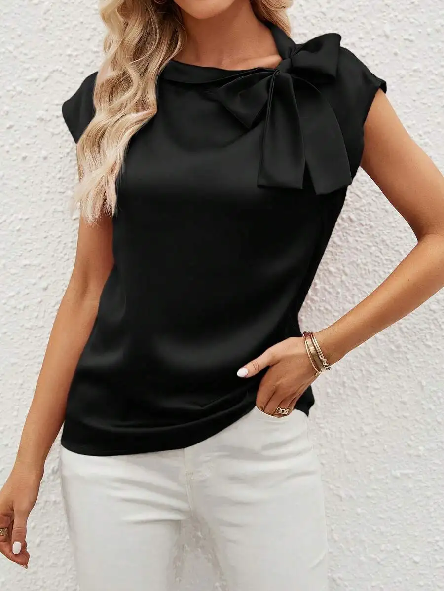 

Black Solid Bow Neck Cap Sleeve Blouse for Women