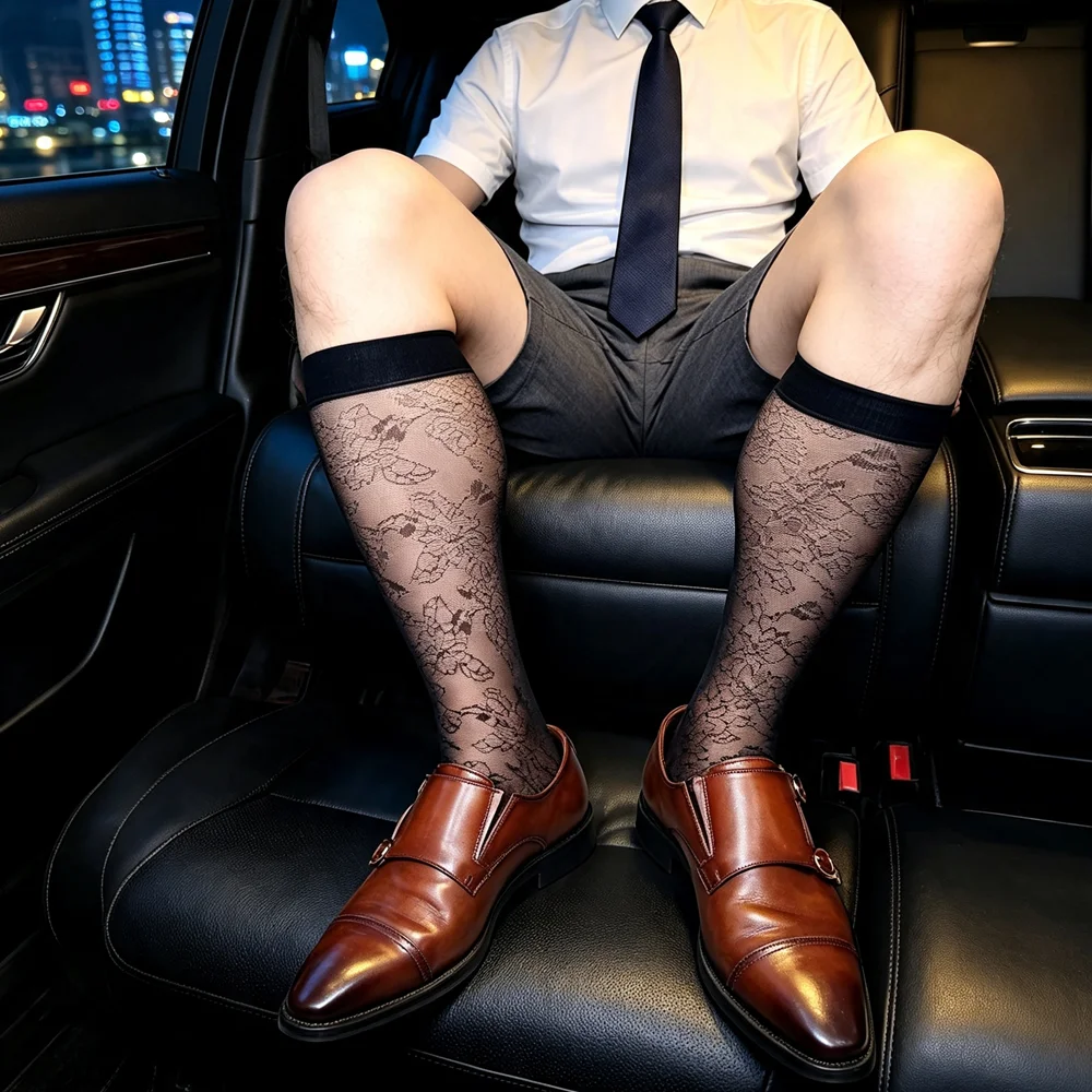 Men's Sheer Lace Over The Calf Socks Black Transparent Long Stockings Formal Business Dress Hosiery Sexy Fancy Suit Socks