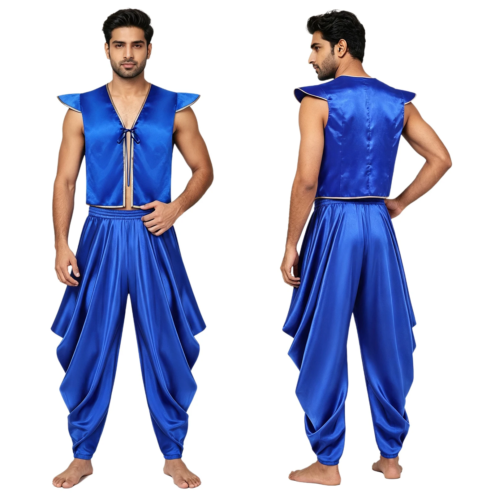 Men Aladini Arabian Prince Cosplay Costume Satin Waistcoat Vest Top Harem Pants Suit Halloween Theme Party Carnival Stage Outfit view 5