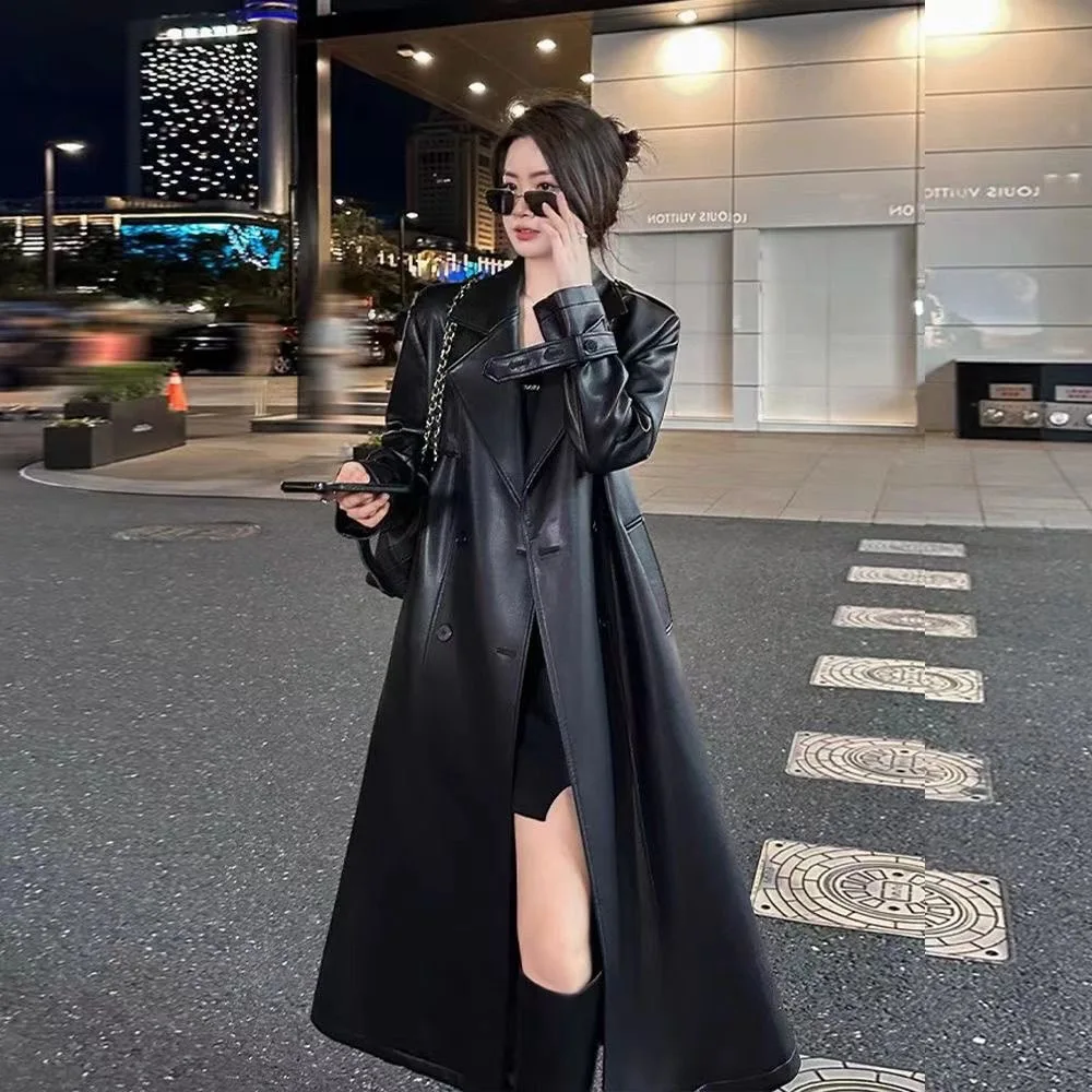 Autumn Black Waterproof Pu Leather Trench Coat for Women Long Sleeve Belt Double Breasted Autumn Designer Fashion