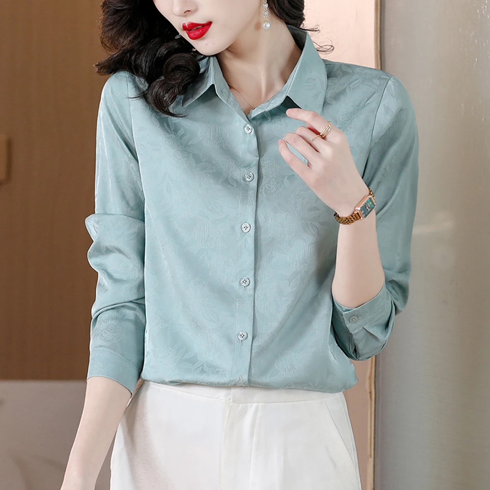 Women Thin Satin Shirts Long Sleeve Jacquard Fashion Women Blouses 2024 Elegant Office Lady OL Basic Tops Casual Clothing