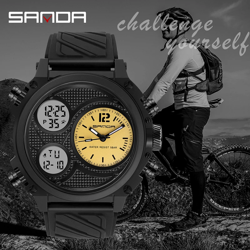 SANDA New Mens Watch Dual Display Quartz Watch LED Sport Digital Watches 50m Waterproof ElectronicWristwatch Alarm Clock Relogio