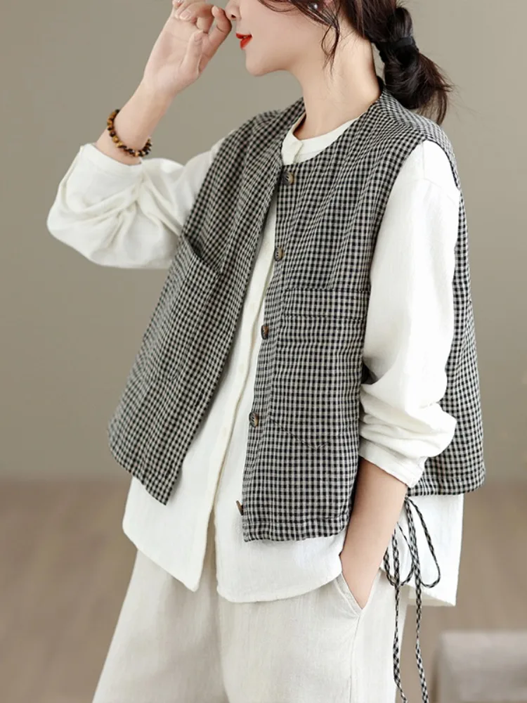 

Retro Plaid Cotton Linen Sleeveless Vest Women Summer Waist Cinching Drawstring Slimming Linen Vest Top Casual Loose Fit