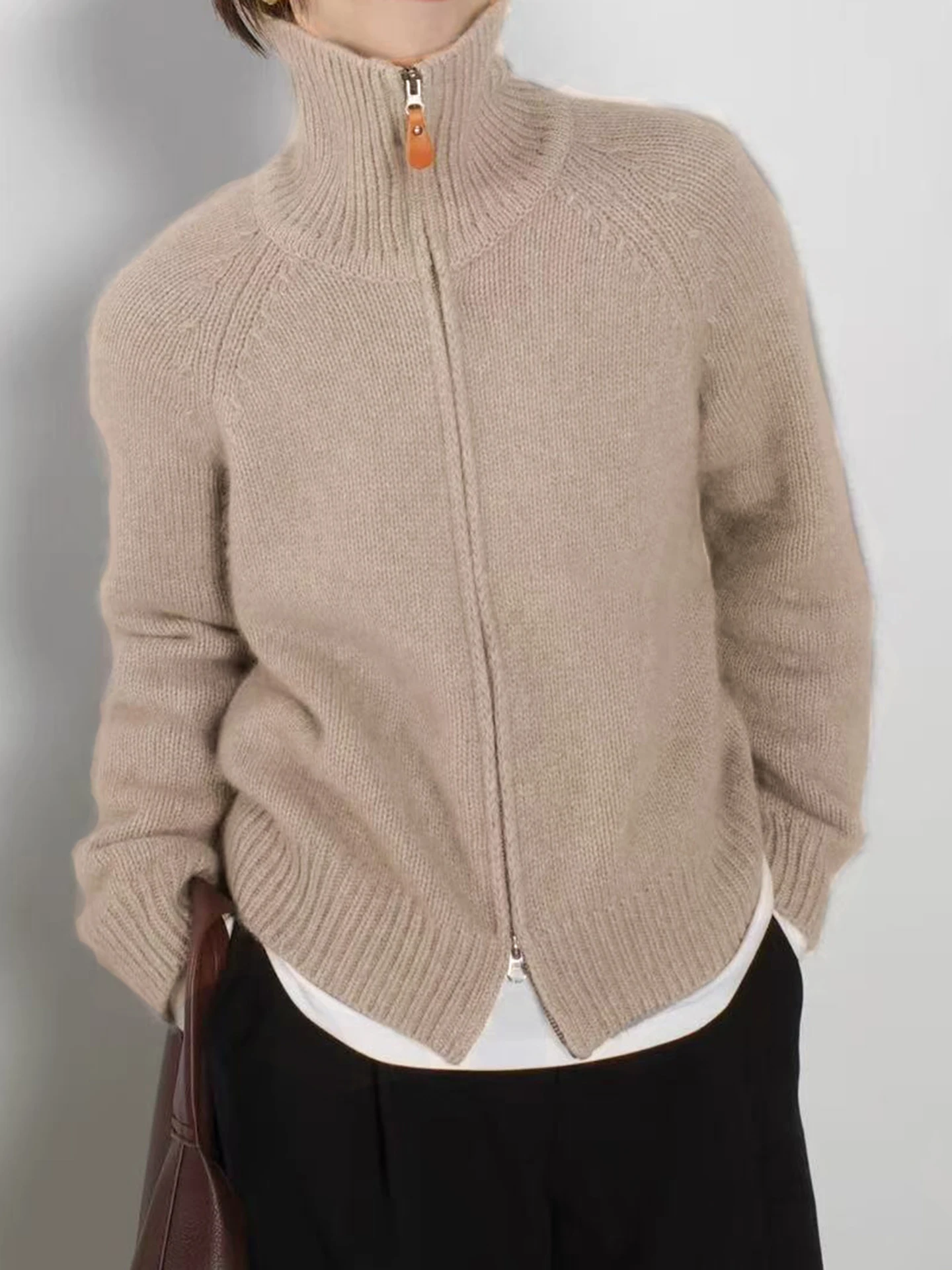 

Autumn and winter 100% pure cashmere sweater women's high-necked zipper cardigan loose lazy wind knitted sweater coat