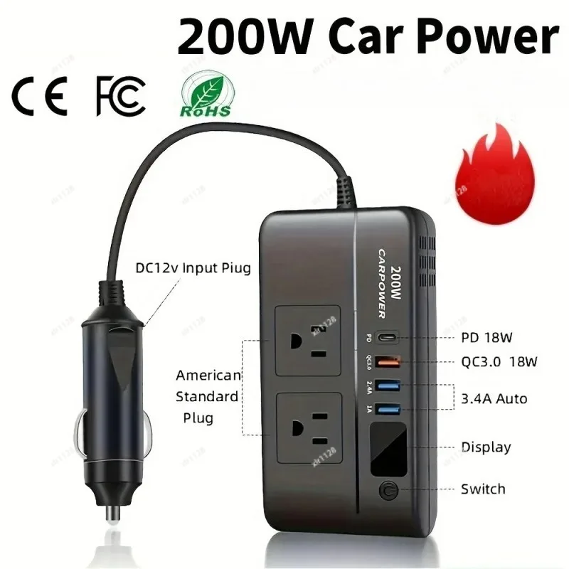 Transformer 200WAutomotive Power Inverter，DC 12VTurnAC 110VCar Charger AdapterLEDDisplay Screen，American Standard