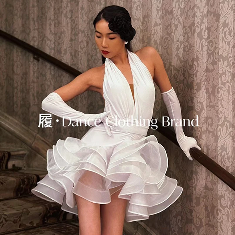 New Latin Dance Dress Women Halterneck White Dress Fluffy Skirt Cha Cha Rumba Performance Wear Latin Competition Dress DNV19030