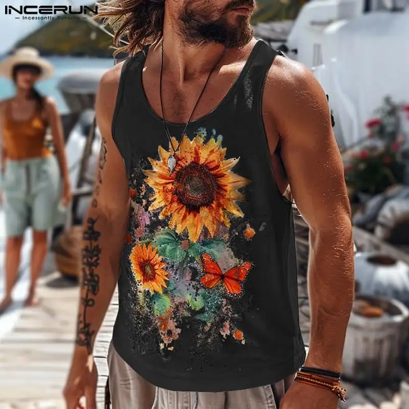 INCERUN Tops 2024 American Style Stylish Men Flower Print Pattern Vests Casual Streetwear Hot Selling Sleeveless Tank Tops S-5XL