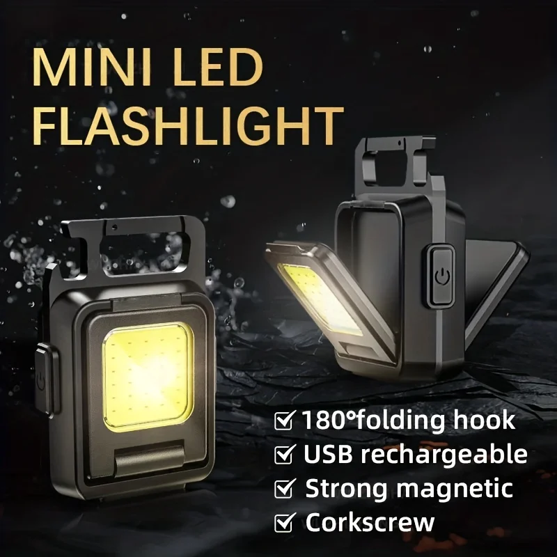 Mini LED Flashlight Keychain Light Double COB Lights USB Rechargeable Work Lights For Fishing with Magnet Built-in Battery