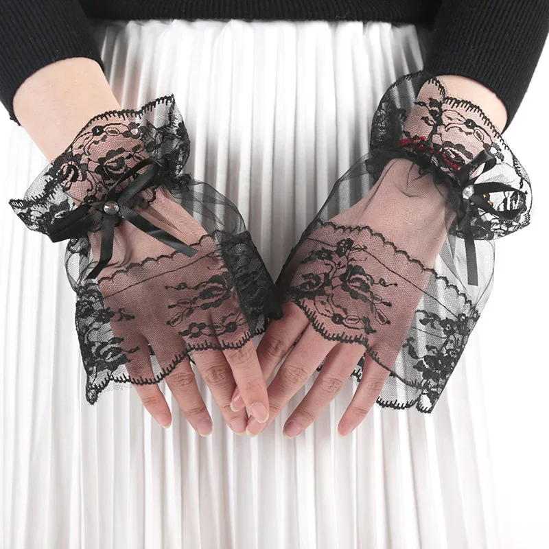 Women Gothic Lace Mesh Stretch Horn Cuffs Gloves Ruffled Detachable Fake Sleeves Wedding Party Sunshade Decorative Wrist Warmer