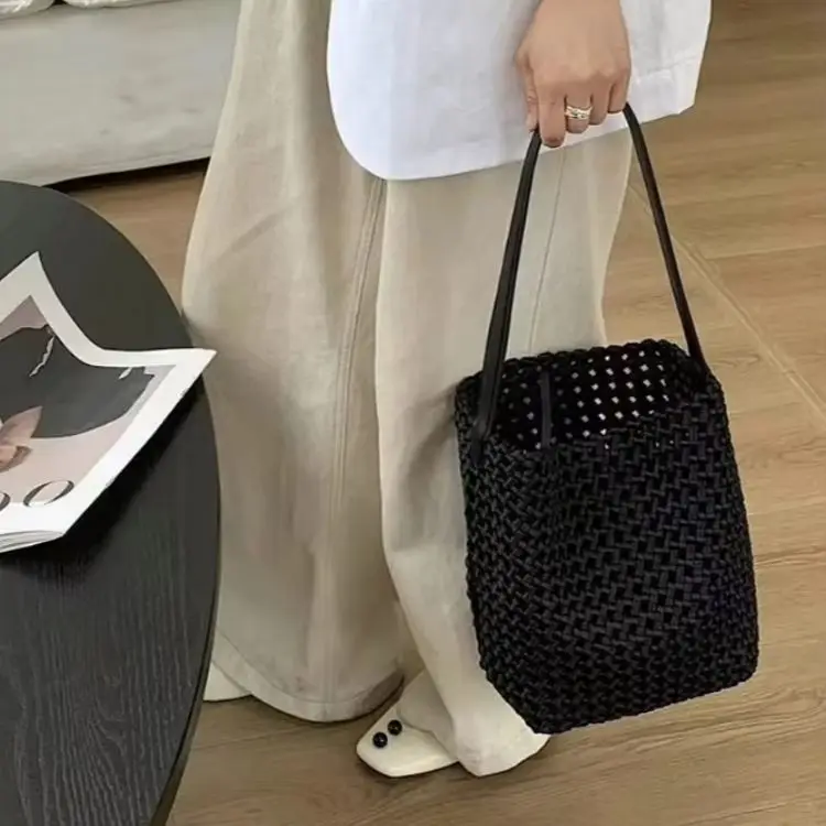 Hand-woven Washed Denim Openwork Bucket Bag: Casual, Versatile, Relaxed Style, Large Capacity, Handheld, Shoulder, or Underarm B