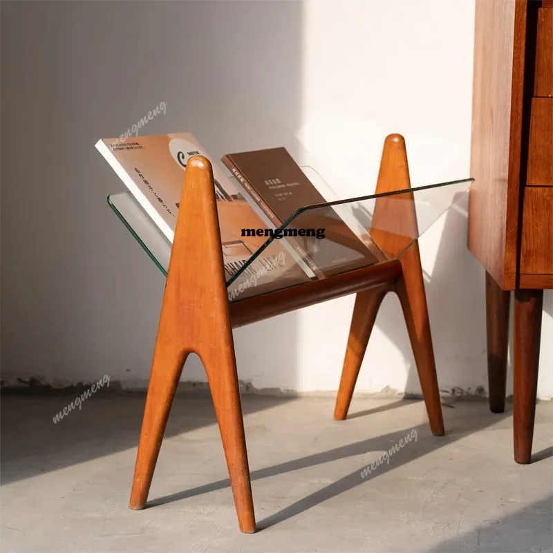 Hot sales Solid wood book and newspaper glass rack medieval furniture custom Italian style cherry wood edge table