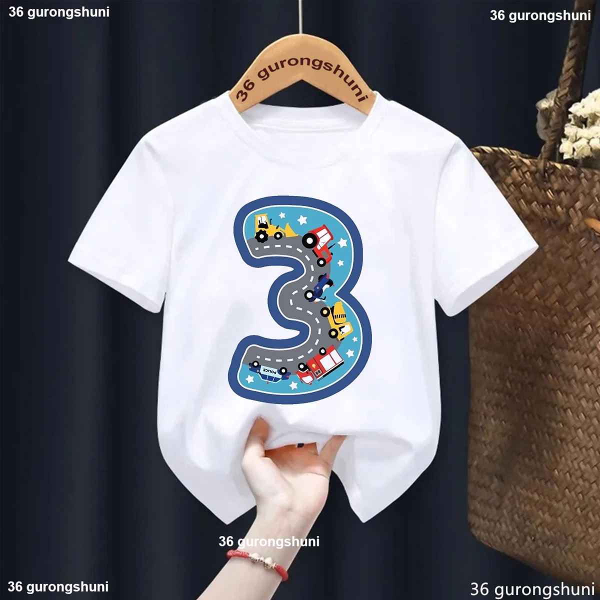 3th Birthday Car Print Tshirt For Girls/Boys Funny Tractor White/Yellow T Shirt Kawaii Kids Clothes Summer Tops Fashion T-Shirt