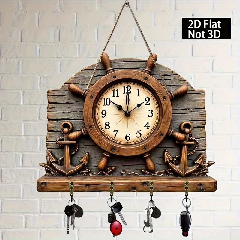 Vintage Ship Wheel Wall Clock Organizer with Anchor Design | 4 Metal Hooks, Rope, Durable Wooden Structure, Boho Style, 11.8x9