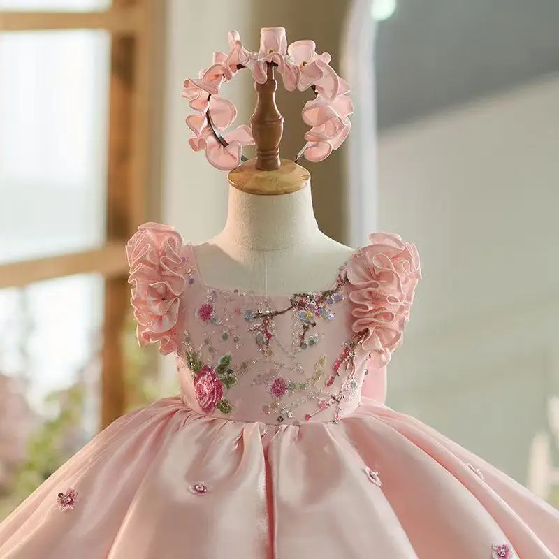 فستان جديد لعيد الميلاد لعام 2026 بفيونكة للأميرة للفتيات الصغيرات بأكمام منتفخة وردية لأداء البيانو فستان الاحتفال بعمر سنة واحدة #4