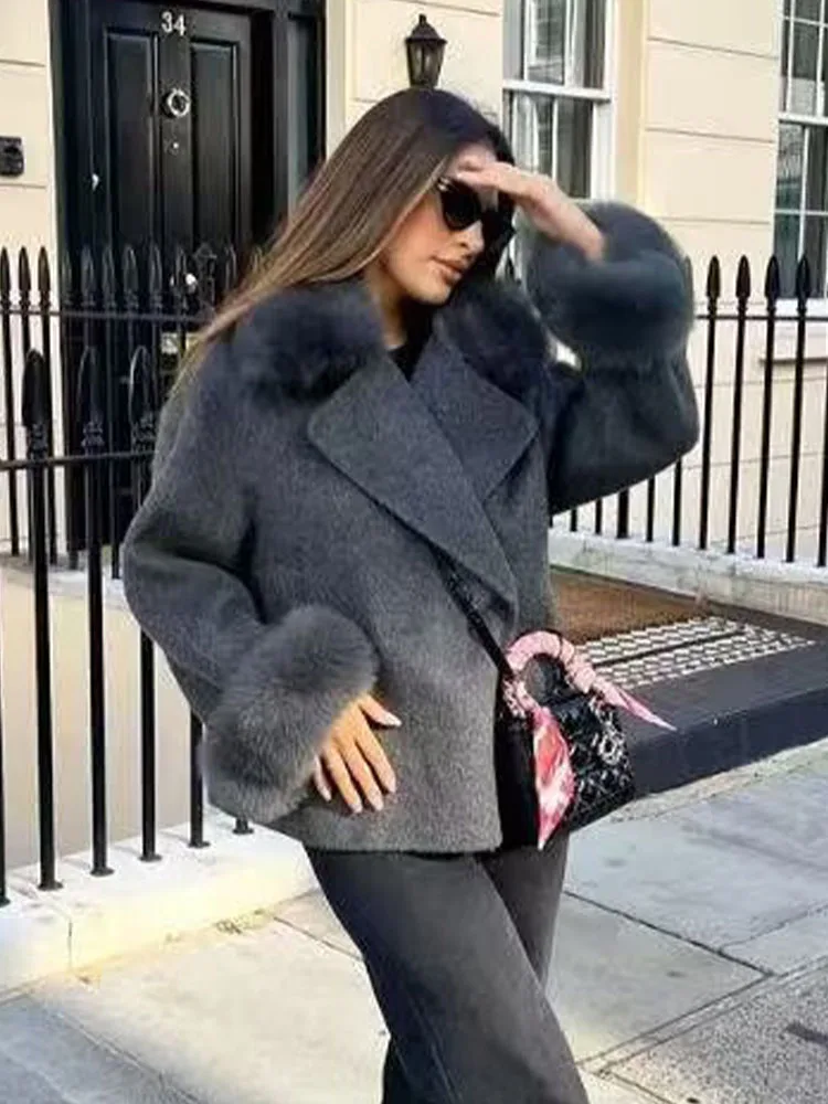 HH المرأة الشتاء أزياء الرجعية تنوعا الفراء طوق سترة قصيرة الإناث شيك أنيقة شارع العليا عارضة جيب معطف طويل الأكمام #2