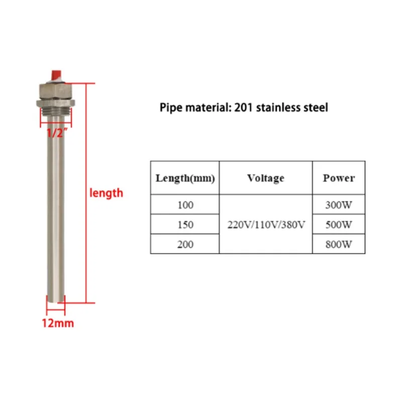 Stainless Steel Thread Cartridge Heater Heating Element 110/220/380V Threaded single-ended heating rod Hot Rod 100/150/200mm