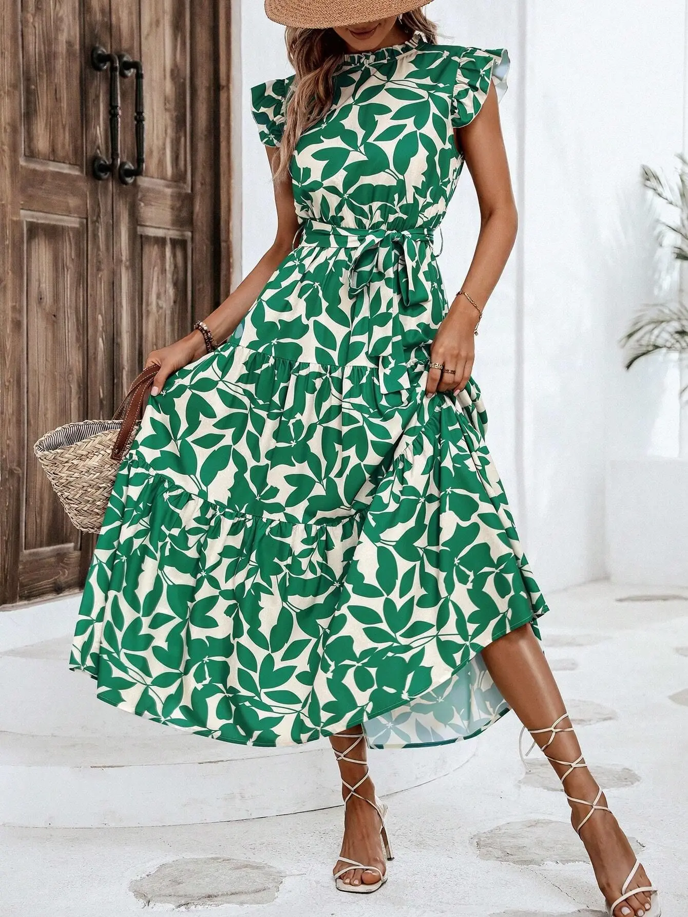 Elegante Dames Bloemenjurk 2024 Zomer Nieuwe Mode Vliegende Mouwen Met Veters Bedrukte Fee Jurk Vakantiejas Vestidos Verde