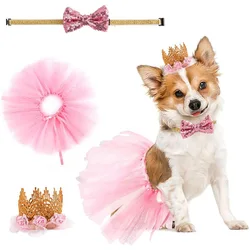 Princess Pet Party Decorations Dog Birthday Dress Crown Bowtie Number Accessories Pink Set for Female Pets Puppy Kitty