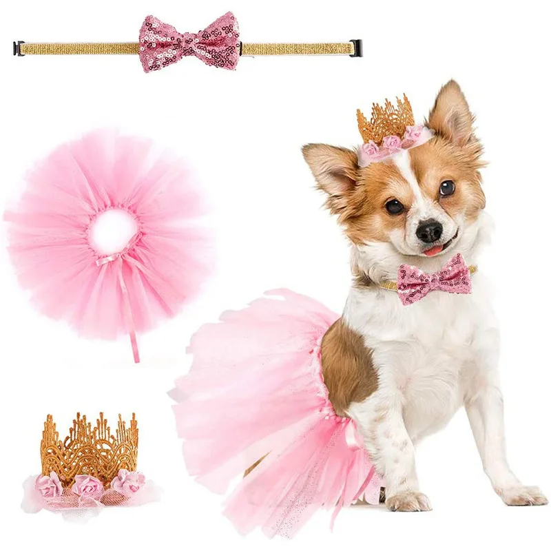 Księżniczka Pet Party Dekoracje Pies Sukienka Urodzinowa Korona Muszka Numer Akcesoria Różowy Zestaw dla Kobiet Zwierzęta Szczeniak Kotek