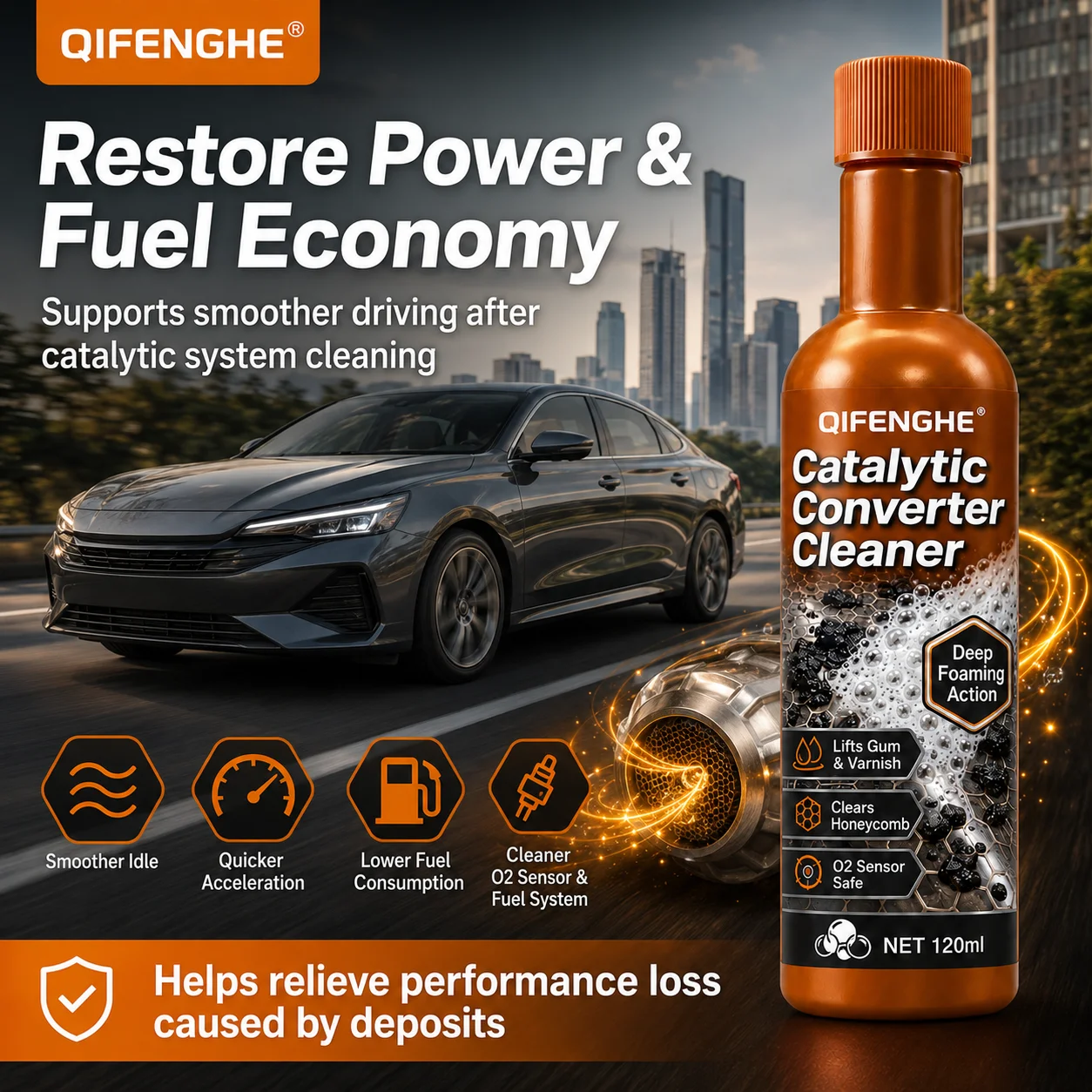 QIFENGHE Catalytic Converter Carbon Cleaner 120ml, Eliminate Sulfur Smell, Pass Emission Test, No Disassembly Needed