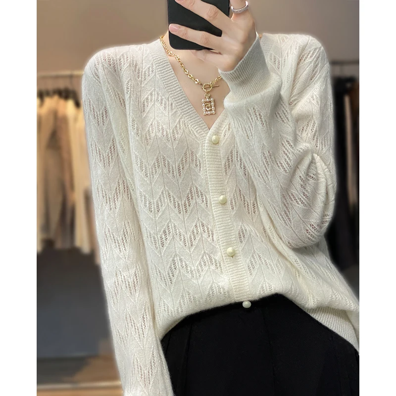 Hot-selling 100% Australian wool knitted sweater cardigan soft new wave women hollow summer sweater knitted women's coat2023