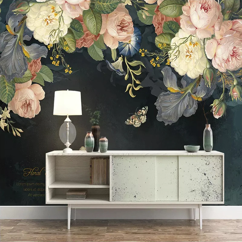 Papel tapiz 3D personalizado, tela de seda impermeable, murales de lona, pintura de pared, flor Floral Pastoral, pintura al óleo, papel tapiz Mural negro