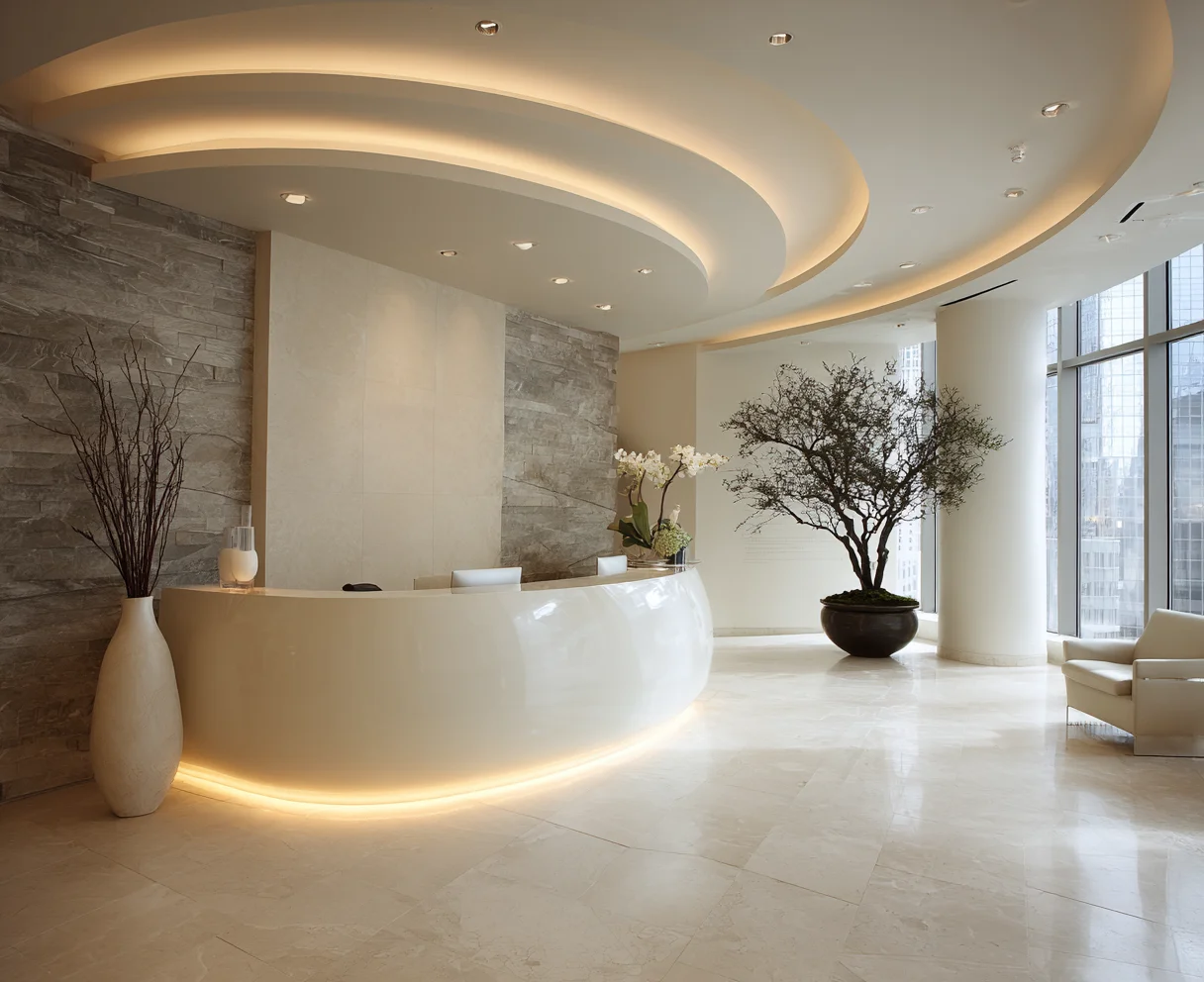 Modern Streamline Curved Reception Desk White Artificial Front Desk Luxury Commercial Hotel Beauty Salon Reception Counter