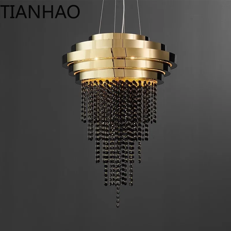 American Retro Wrought Iron Led Home Lighting European Style Golden Hotel Bedroom Living Room Tassel Black Bead Pendant Lamps
