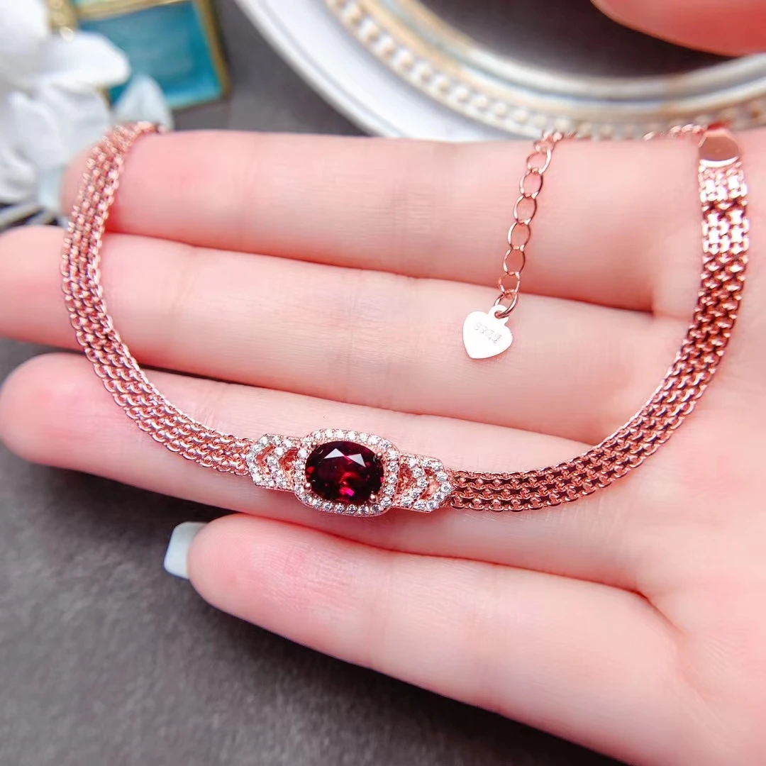 

925 Sterling Silver Natural Garnet Gemstone Fashion Chain Bracelet for Women Fine Accessaries Bangle Jewelry