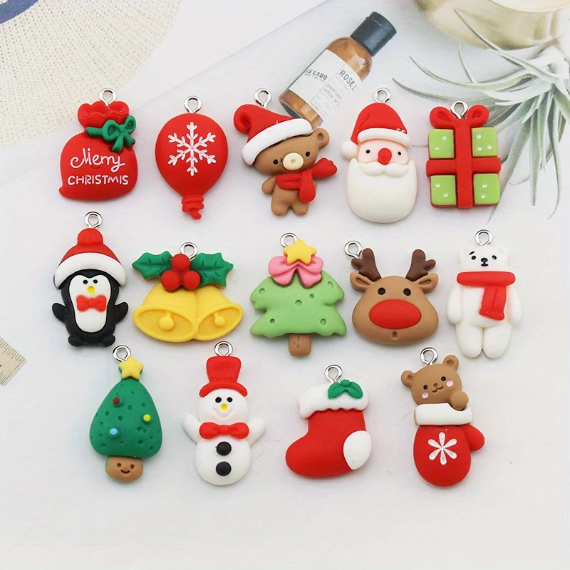 10pcs Resin Xmas Tree Santa Snowman Gingerbread Man Charms Resin Pendant for Earring Bracelet Keychain Accessories Supplies